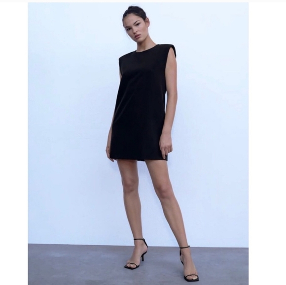 ZARA Shoulder Pad Mini Dress In Black. Size Medium NWT - Picture 5 of 14